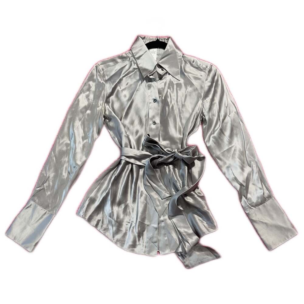 Anne Klein Metallic Pewter 100% Silk Blouse Button Tie-Waist Shirt